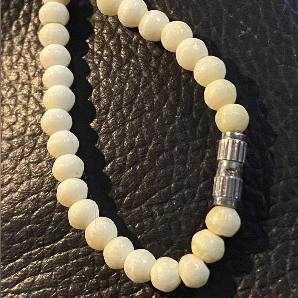 Vintage Carved Bone Pendant Off White Beaded Necklace Elephant Design Good Luck